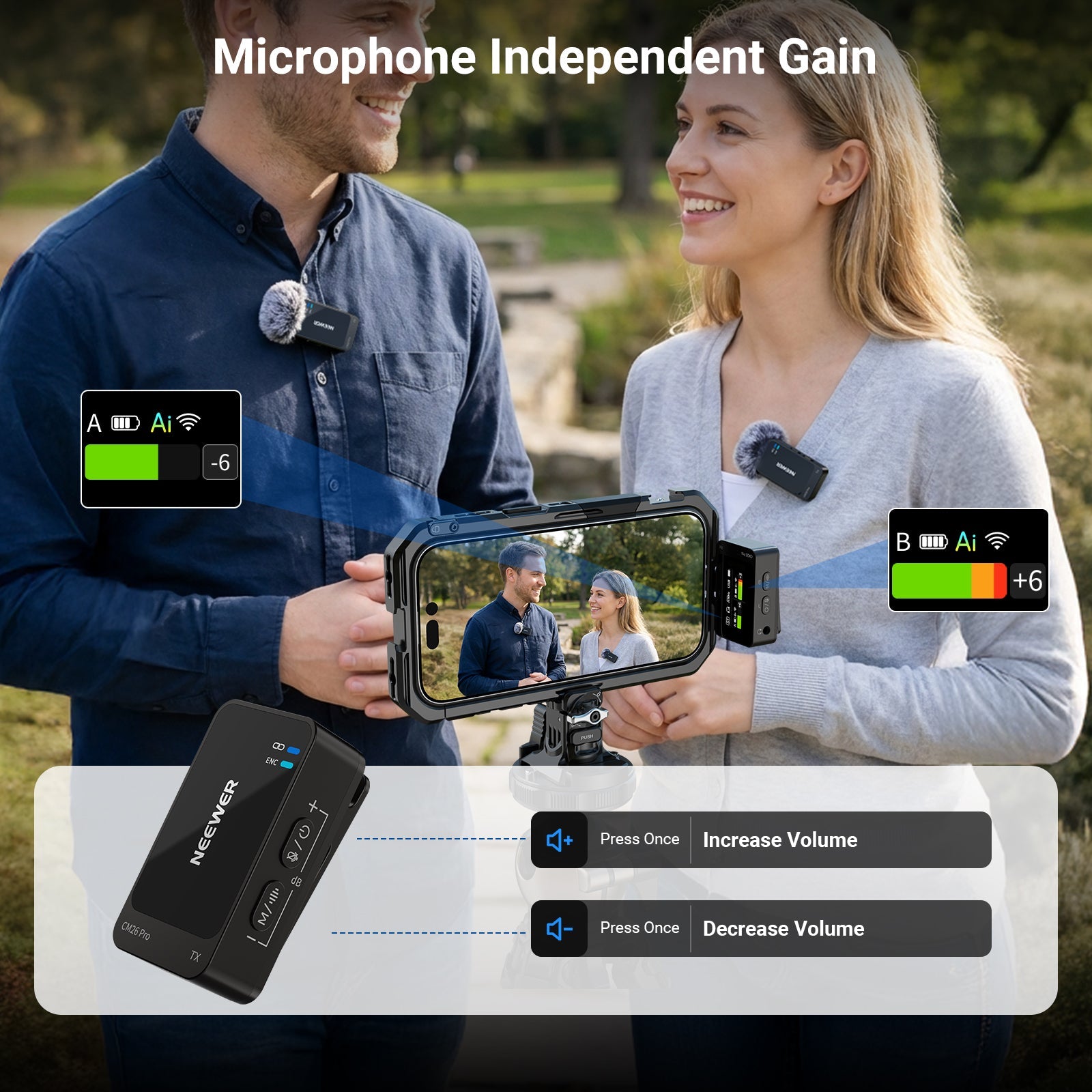 A man and a woman are using the NEEWER CM26 Pro Wireless Lapel Microphone System while recording a video.