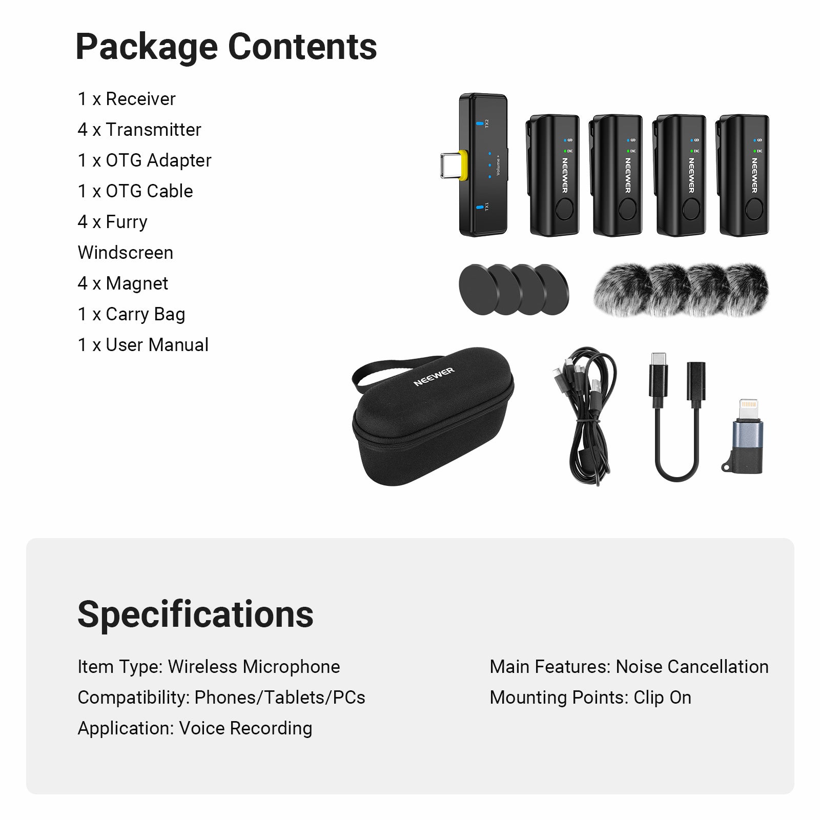 This package includes a receiver, four transmitters, an OTG adapter, an OTG cable, and more.
