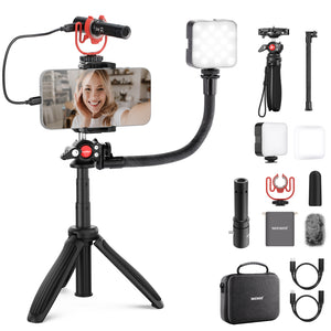 Kit Vlogging Complet Pour Smartphone - Lumière LED RGB, Micro Cravate Sans Fil KM23, Perche Trépied - YouTube TikTok