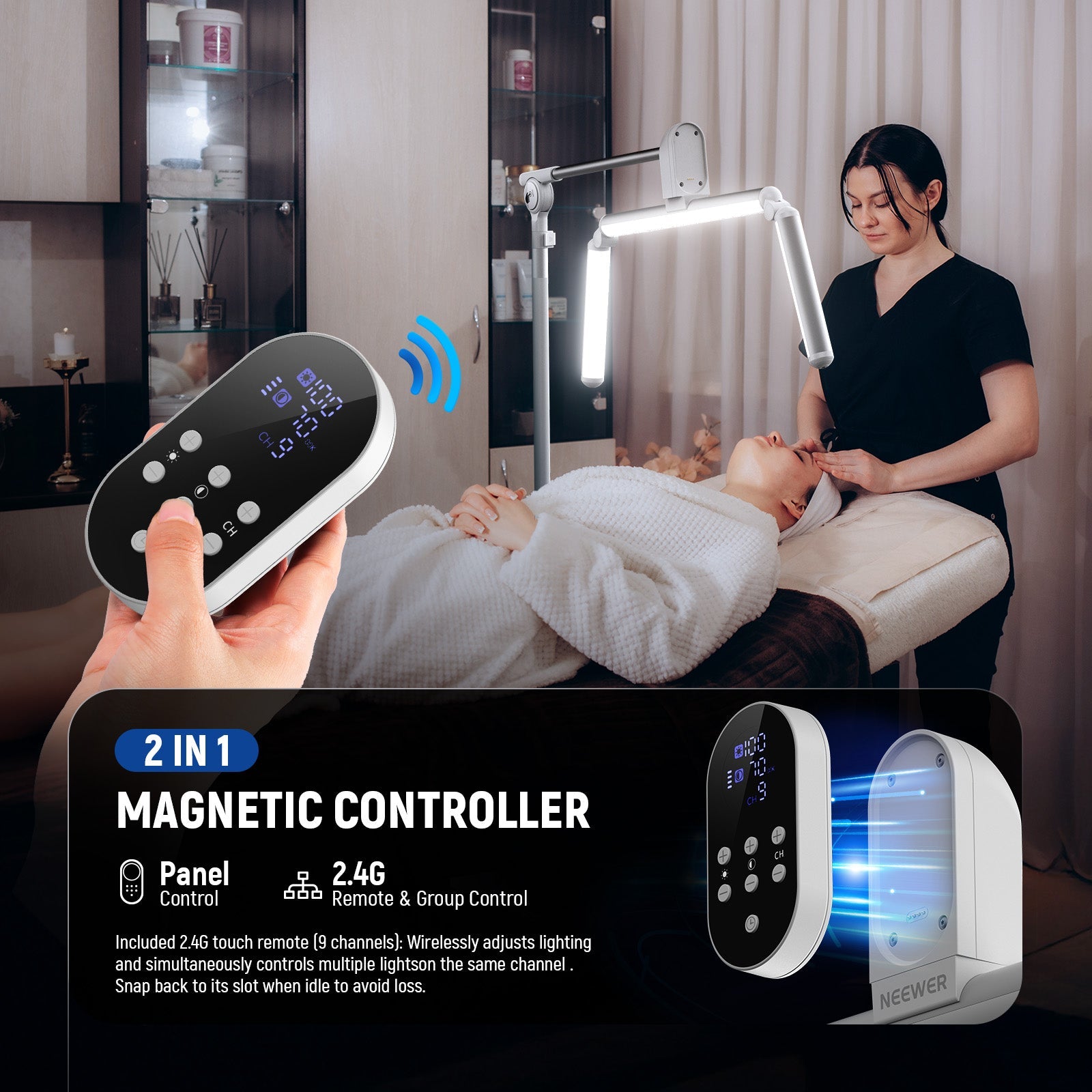 Wirelessly adjust lighting using the included 2.4G touch remote