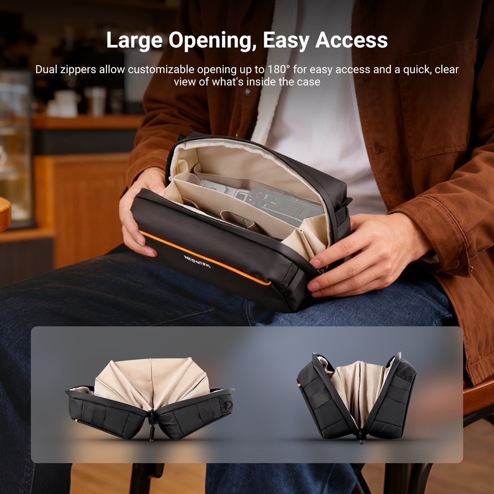 Dual zippers allow customizable opening up to 180° for easy access.