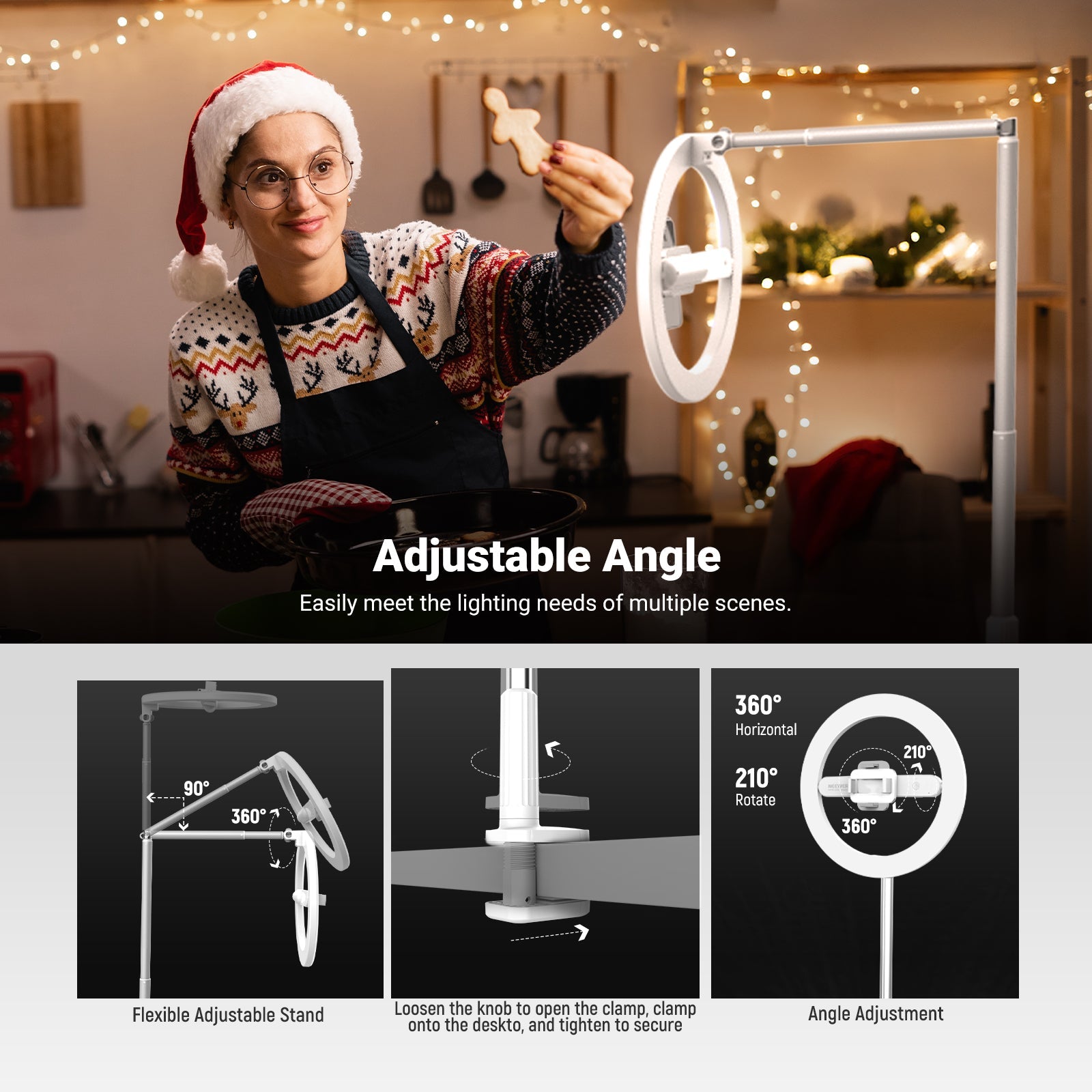The table halo selfie ring light includes an adjustable desktop mount