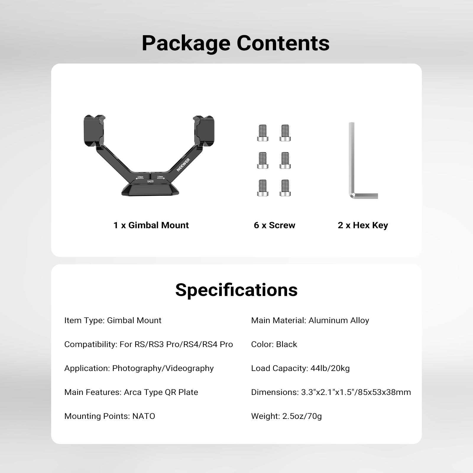 This package includes a Gimbal Mount, six Screws, and two Hex Keys.