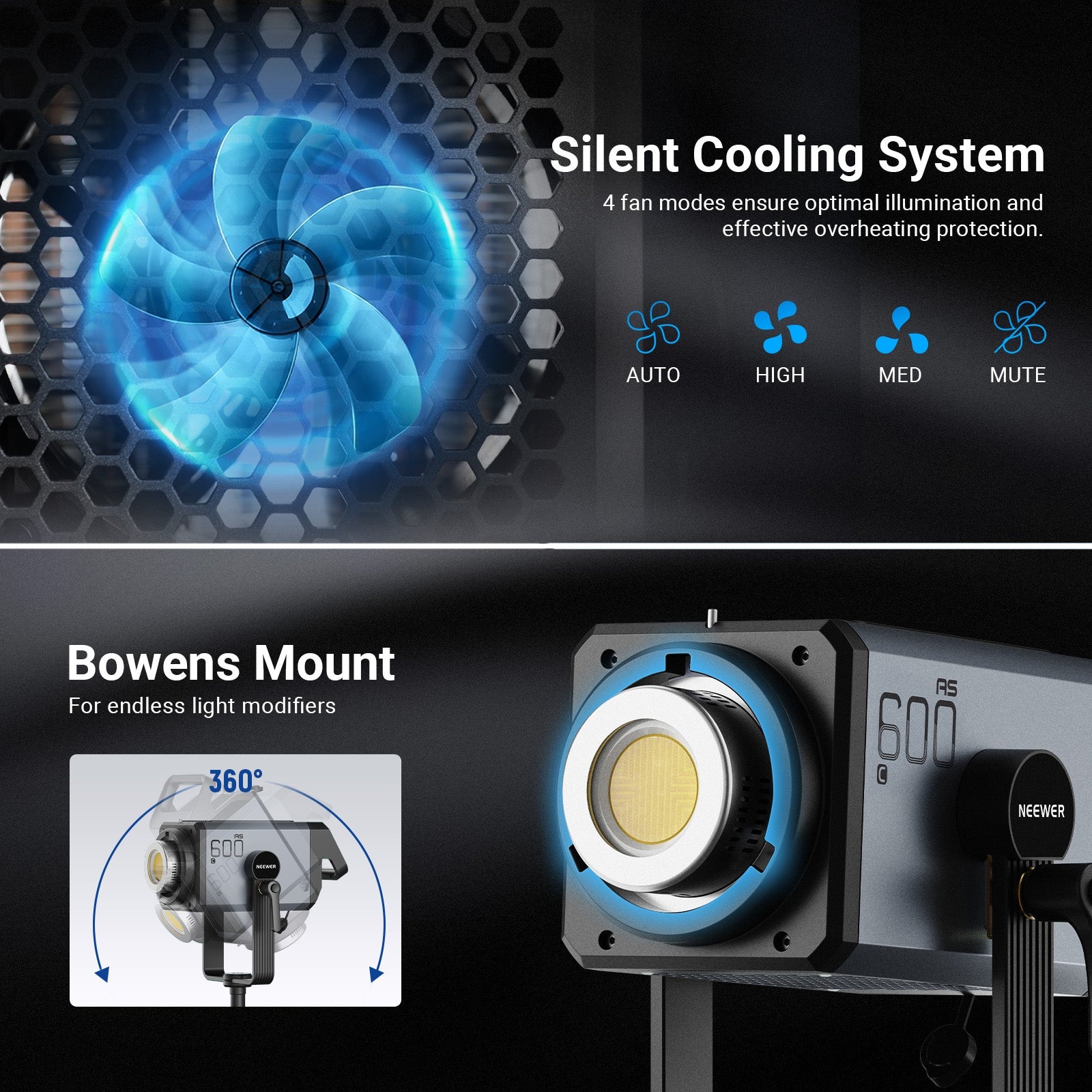 The smart cooling fan offers high, medium, and silent modes to quickly dissipate heat