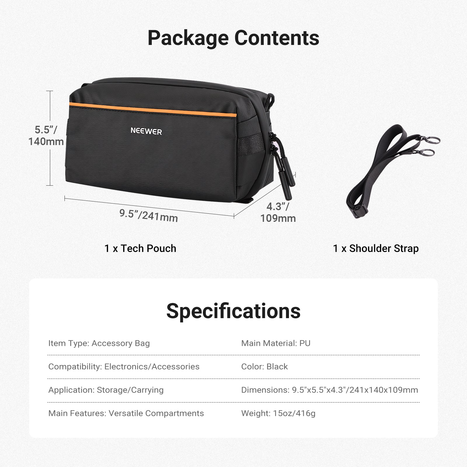 This package includes a NEEWER PB024 Tech Pouch and a shoulder strap.