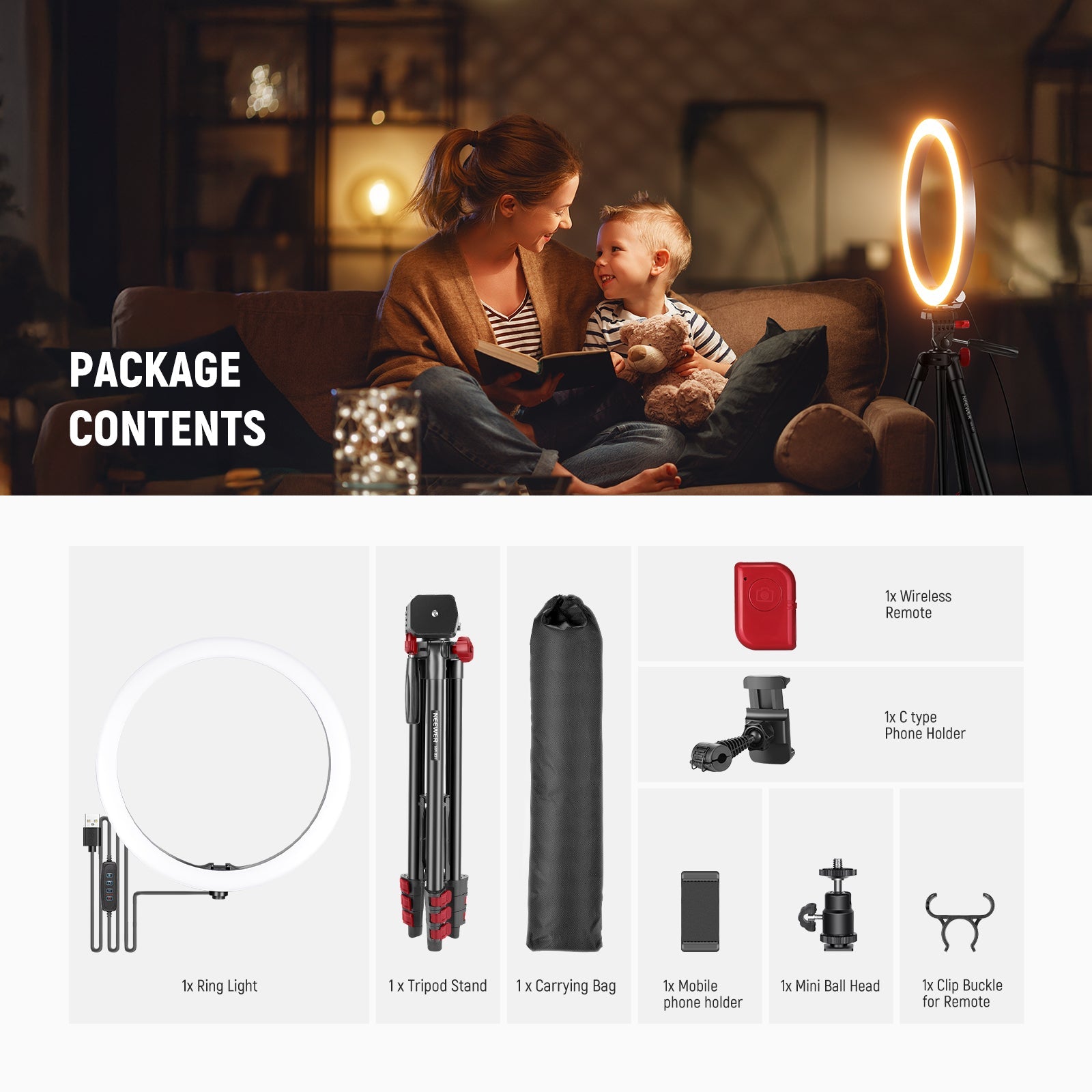 Package Contents of the NEEWER RP10-H Selfie Ring Light with Tripod Kit