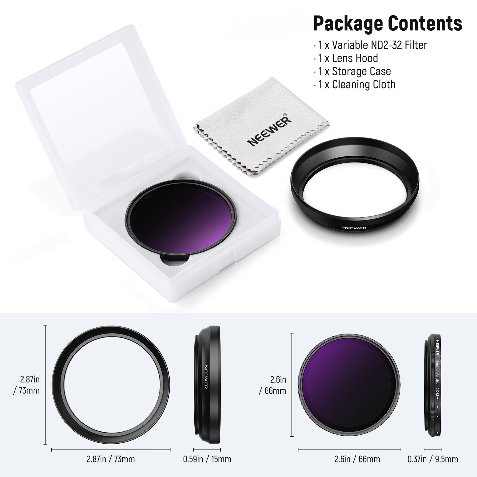 Package Contents of the NEEWER 58mm Variable ND2-32 Filter Kit