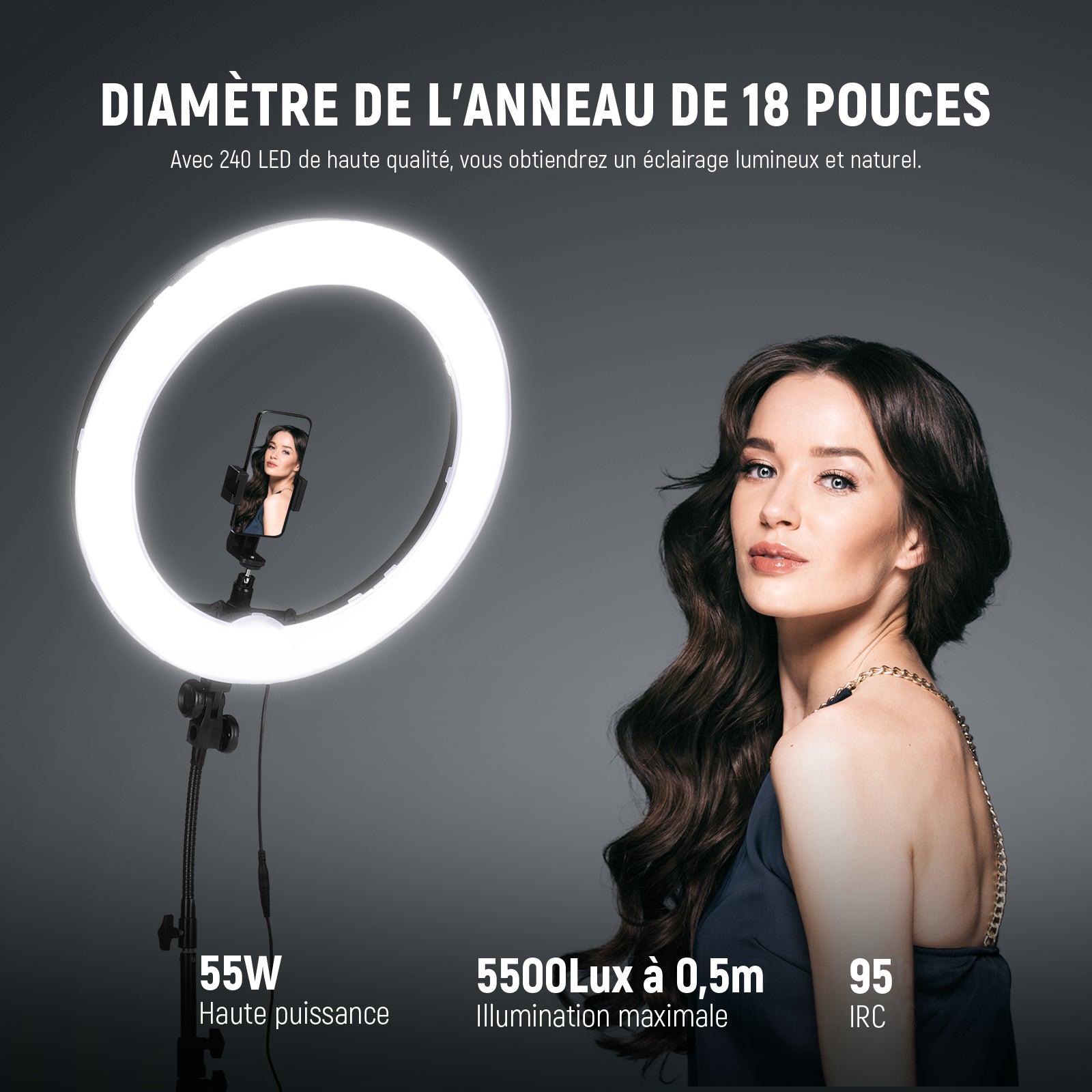 Anneau lumineux de 18 pouces avec trépied réglable et support pour  téléphone - Accessoire photo - Achat & prix