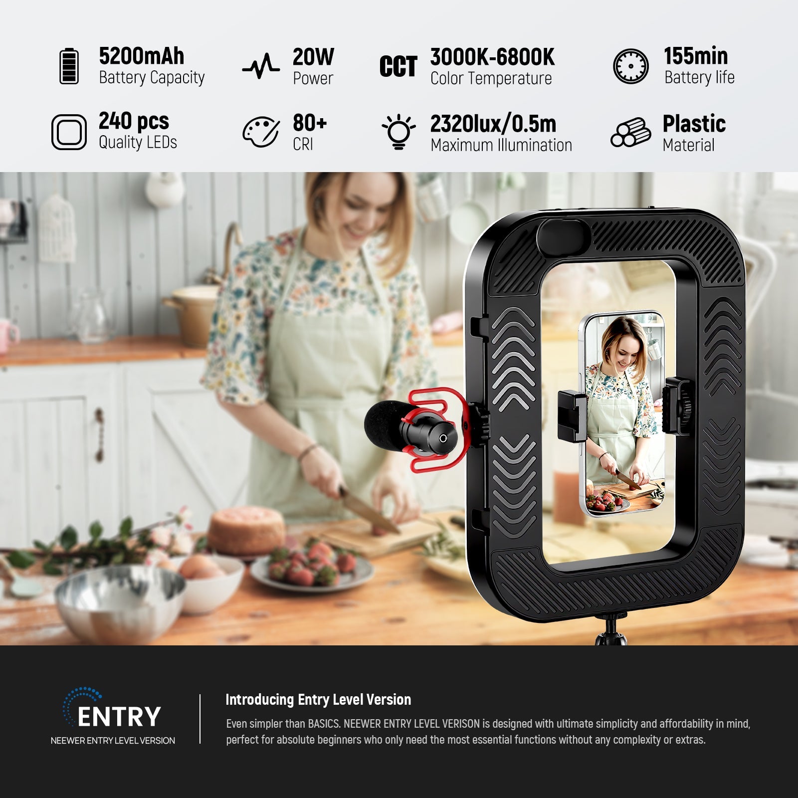 A girl is using the NEEWER NL200B Smartphone Video Rig with Selfie Light to record a cooking video.