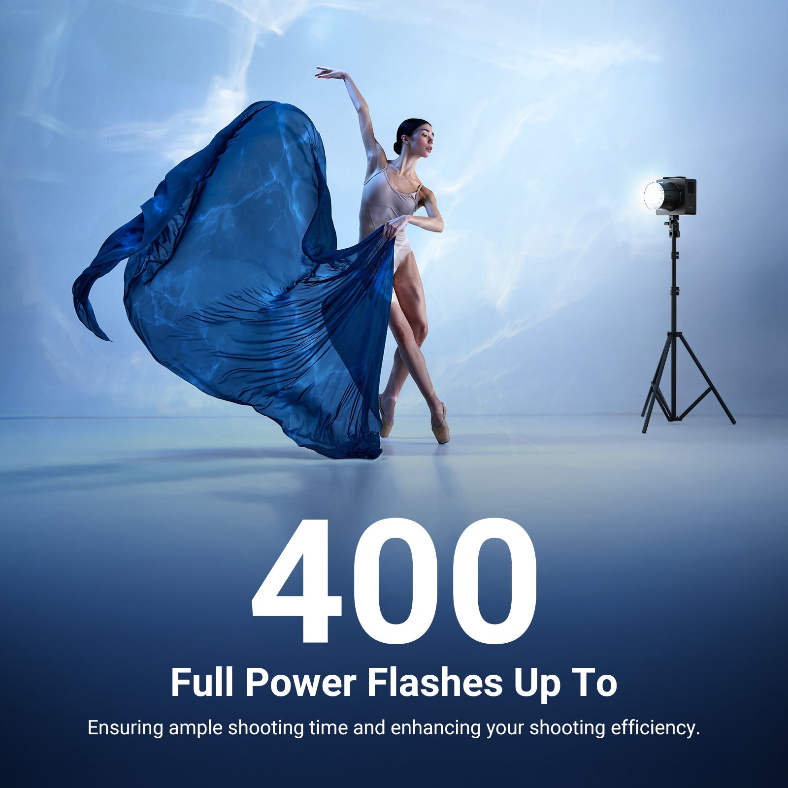The Q6 battery pack provides up to 400 full power flashes on a single charge.