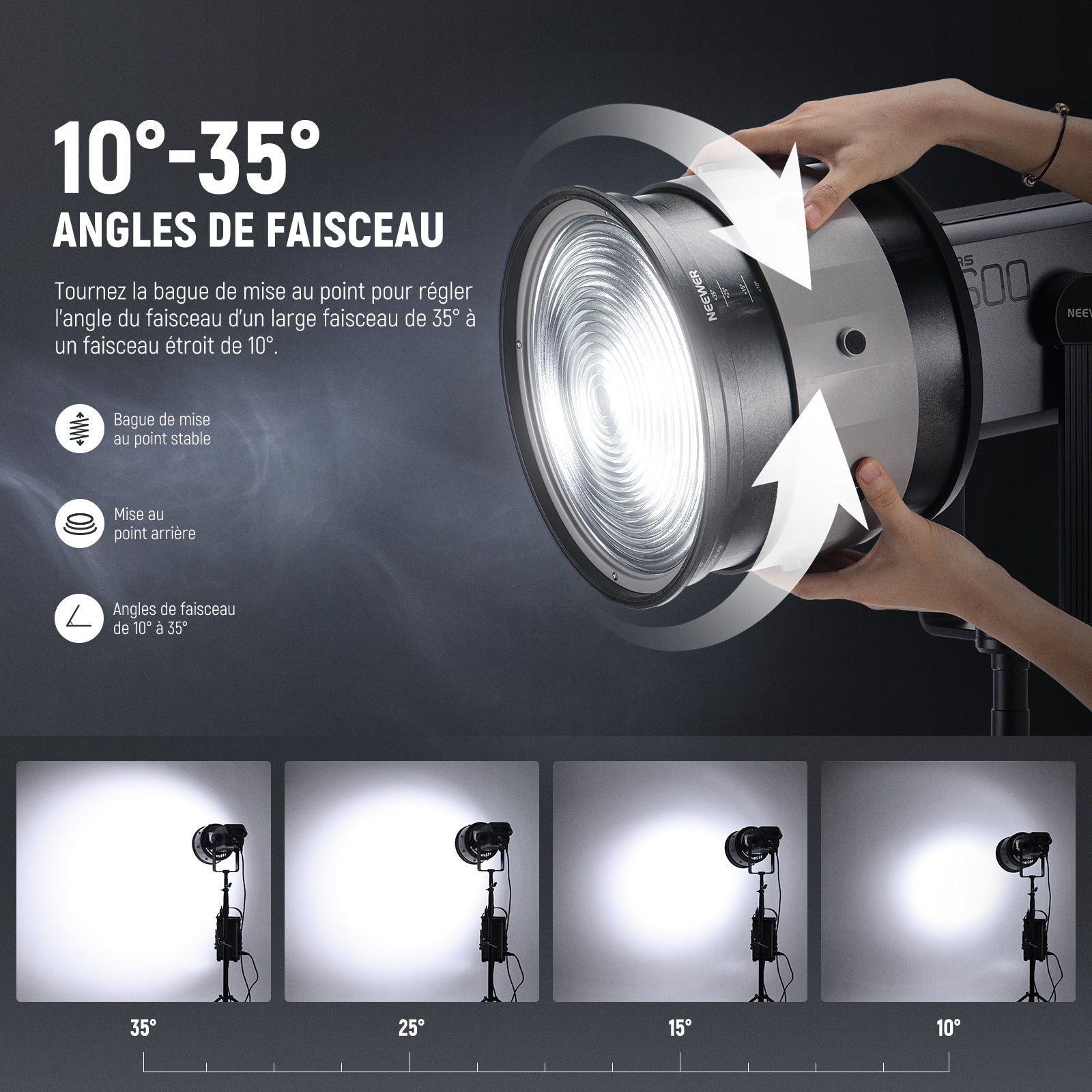 Lentille Fresnel Bowens 10°-45° Réglable Avec Volets 4 Feuilles - Pour Lampes COB ≤200W (Aputure, Godox, Etc.) - Contrôle Cinématographique - 11