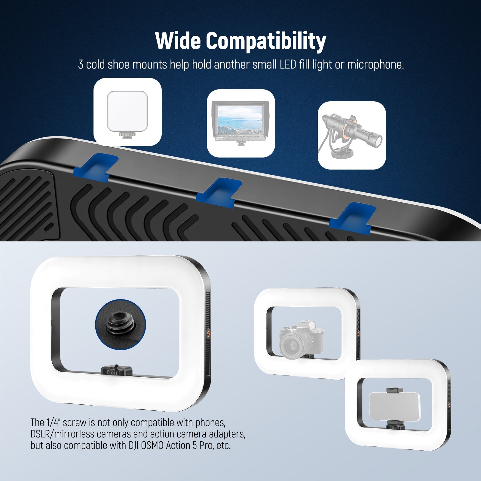 NEEWER NL200B Smartphone Video Rig features 3 cold show mounts to help hold another small LED fill light or mic.