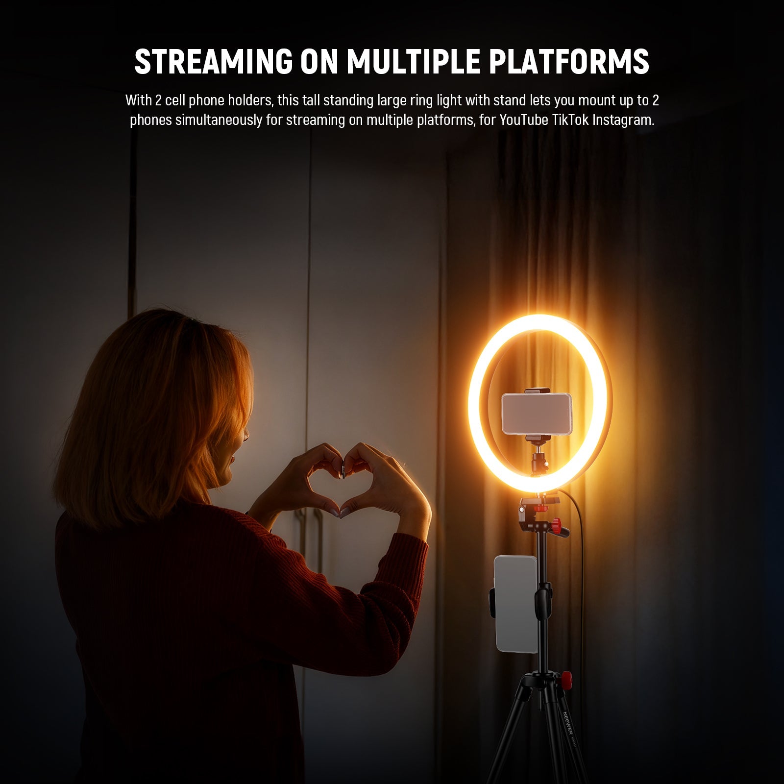 this tall standing large ring light with stand lets you mount up to 2 phones simultaneously
