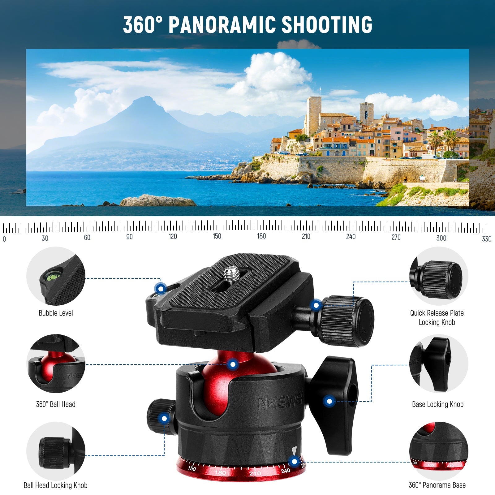 low profile ball head for 360° rotation and 90° tilt