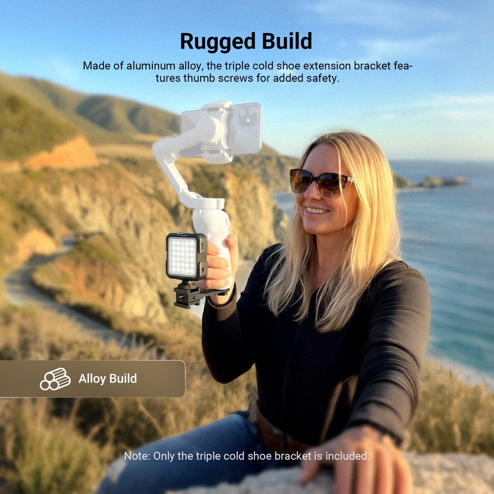 The girl is using the NEEWER CA173 Triple Cold Shoe Mount Plate to help capture the scenery along the way.