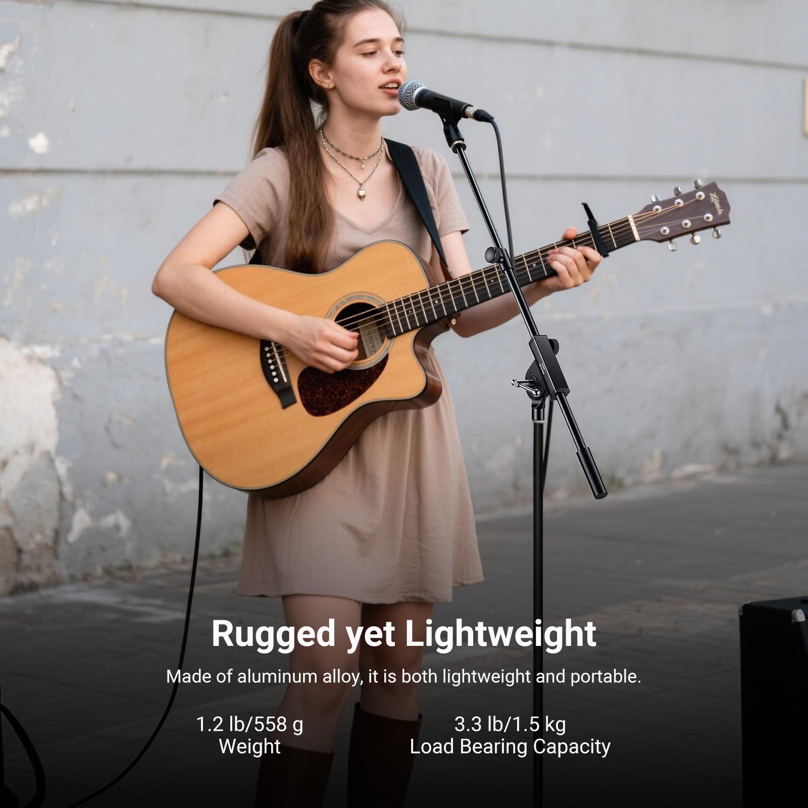 Made of aluminum alloy, the mic boom arm offers reliable support, ensuring lasting durability yet lightweight at just 1.2lb.