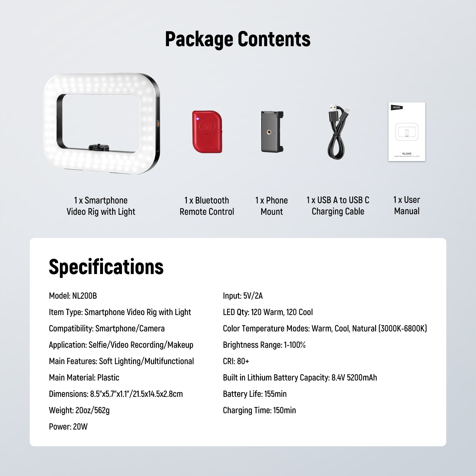 This package includes a NEEWER NL200B phone video rig with light, a remote control, a phone mount, and a charging cable.