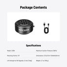 This package includes an Electric Suction Cup Mount and a USB cable.