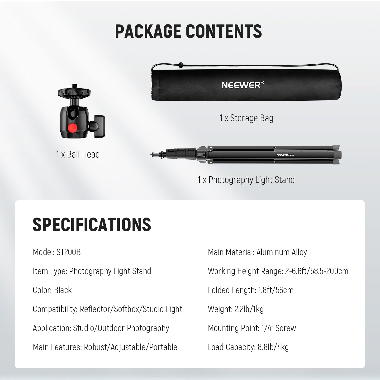 Package Contents of the NEEWER ST200B Photography Light Stand