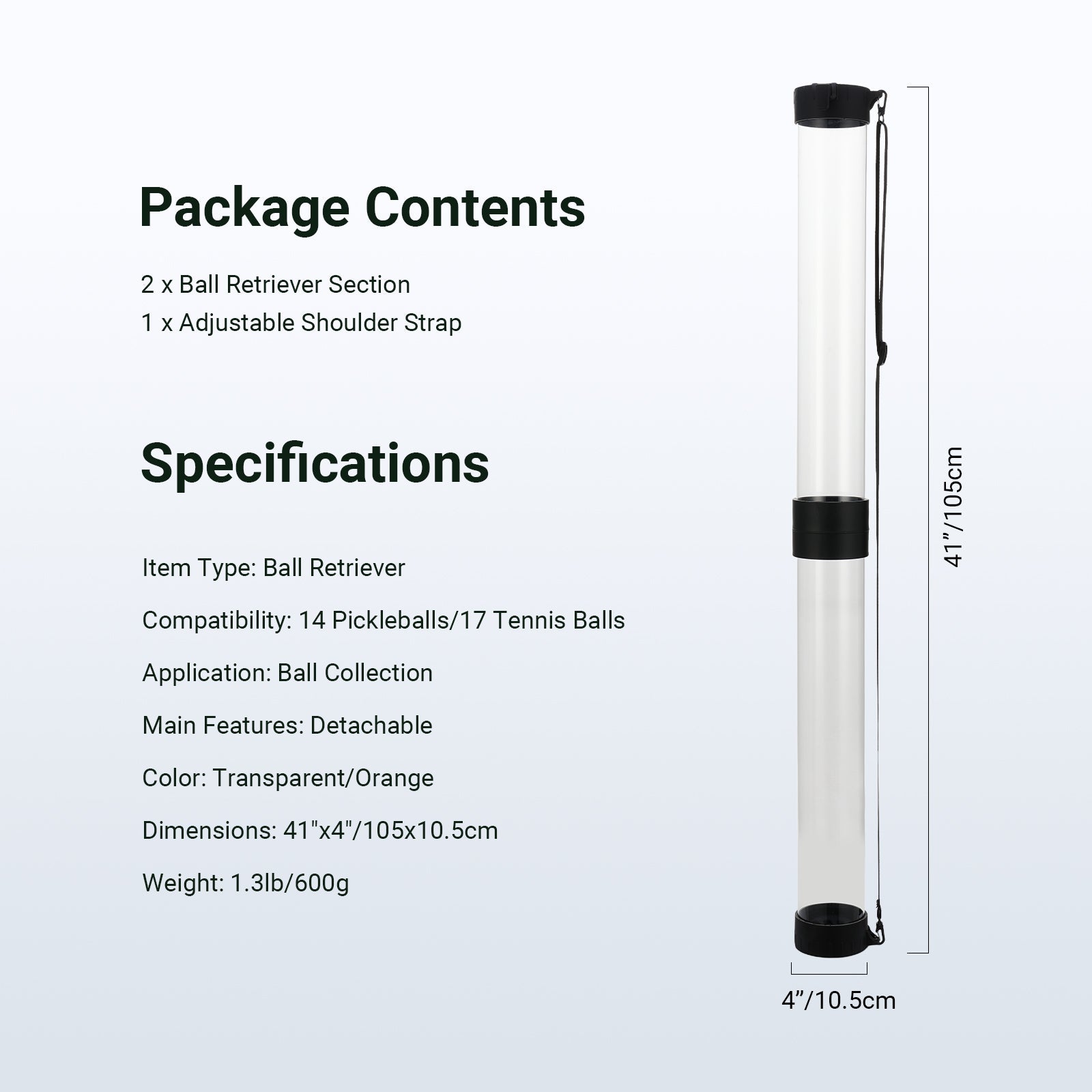 This package includes two ball retriever sections and an adjustable shoulder strap.