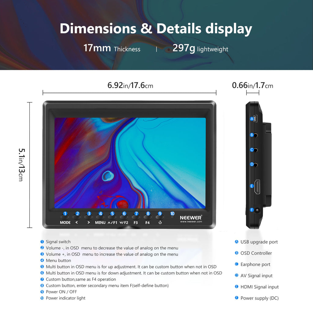 Neewer F100 7'' 4k 1280x800 IPS Screen Camera Field Monitor with 1 Mini HDMI Cable for BMPCC, AV Cable (Battery NOT Included) - neewer.com