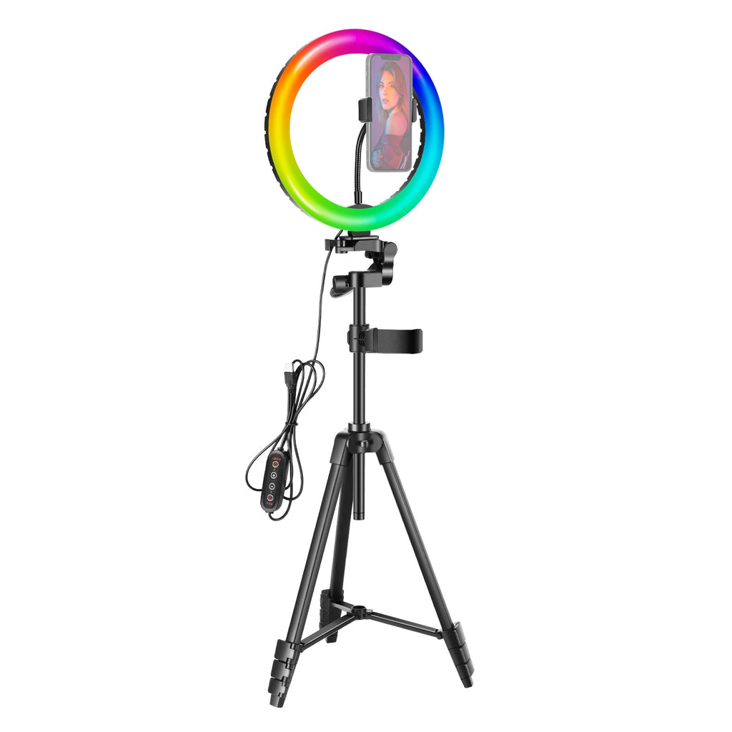 Neewer 10” RGB Ring Light with Tripod Stand & 2 Phone Holders, Dimmable Selfie Ring Light