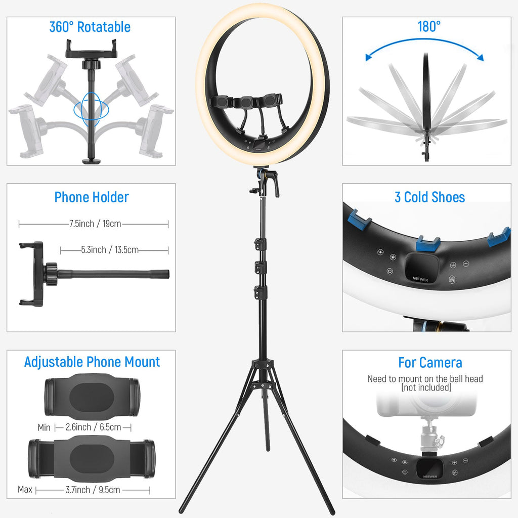 NEEWER RP18H 19inch CRI97+ Ring Light with Stand and 3 Phone Holders