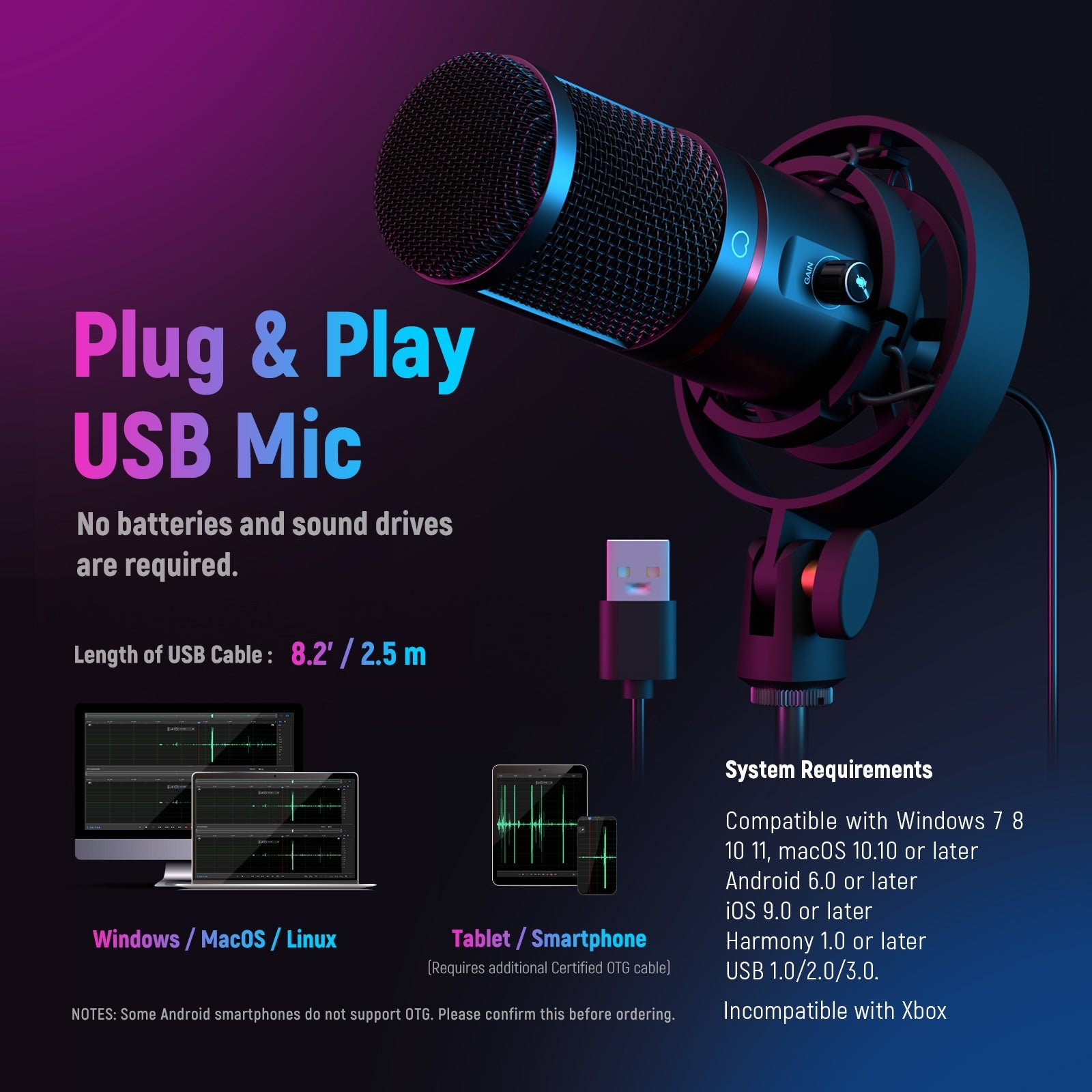 Kit de microphone de jeu USB pour PC, / 5 Condenser Cardioid Mic Set avec  bouton Mute / rgb / support de bras